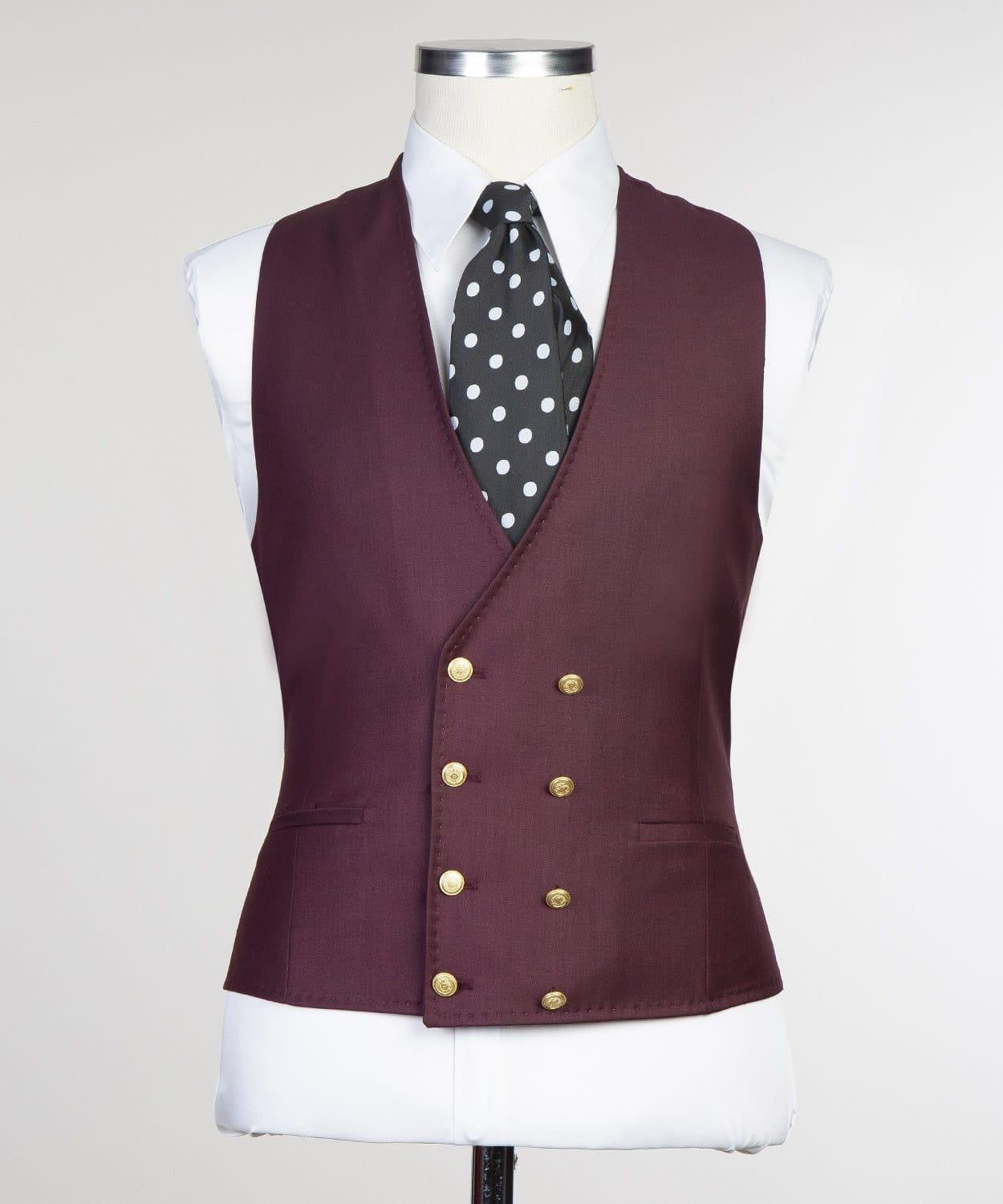 Burgundy Three Pieces Men Suit with Peaked Lapel 2