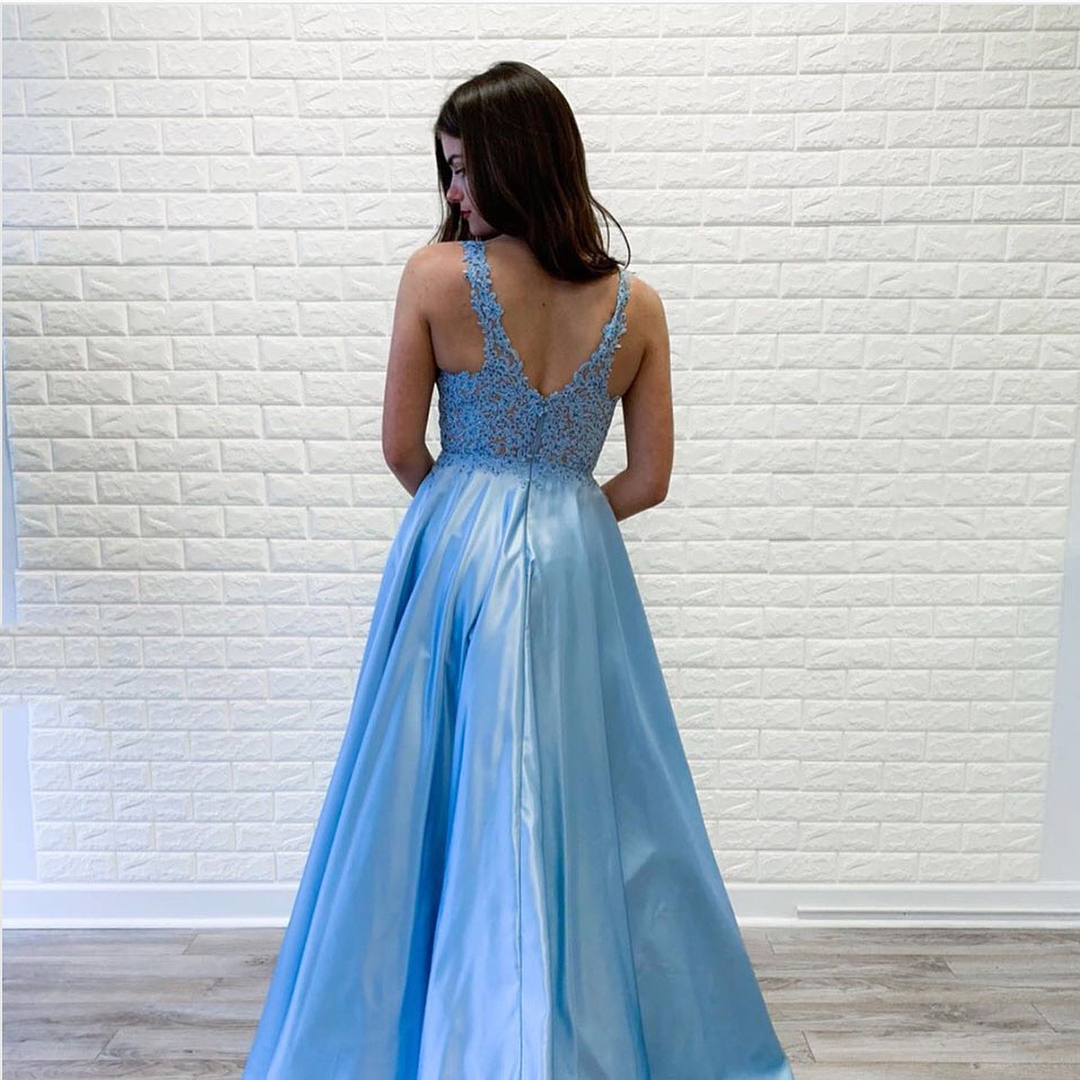 A-line Plunging Neckline Sleeveless Floor-length Stretch Satin Evening Dress With Beading 3