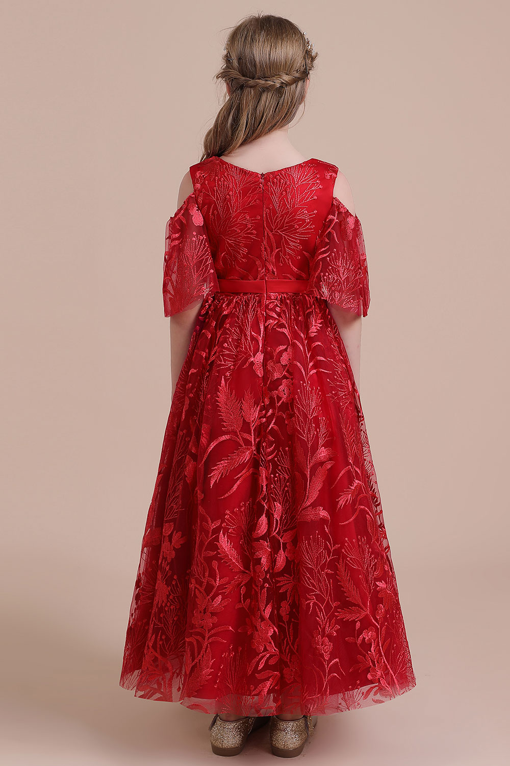 A-line V-neck Half-Sleeves Ankle-length Tulle Flower Girl Dress With Ribbons 2