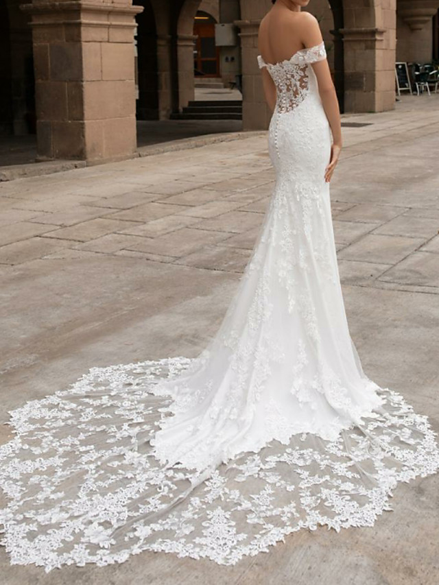 Mermaid Short Sleeves Court Train Tulle Bridal Gown With Lace 2