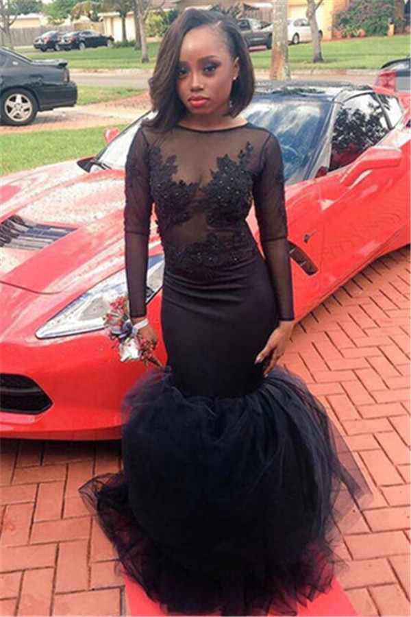 Mermaid Bateau Neck Long Sleeves Sweep / Brush Train Tulle Evening Dress With Appliques 1