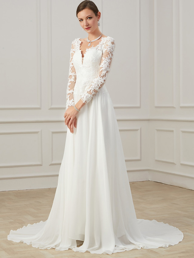 Column V-neck Long Sleeves Sweep / Brush Train Lace Bridal Gown With Lace 4