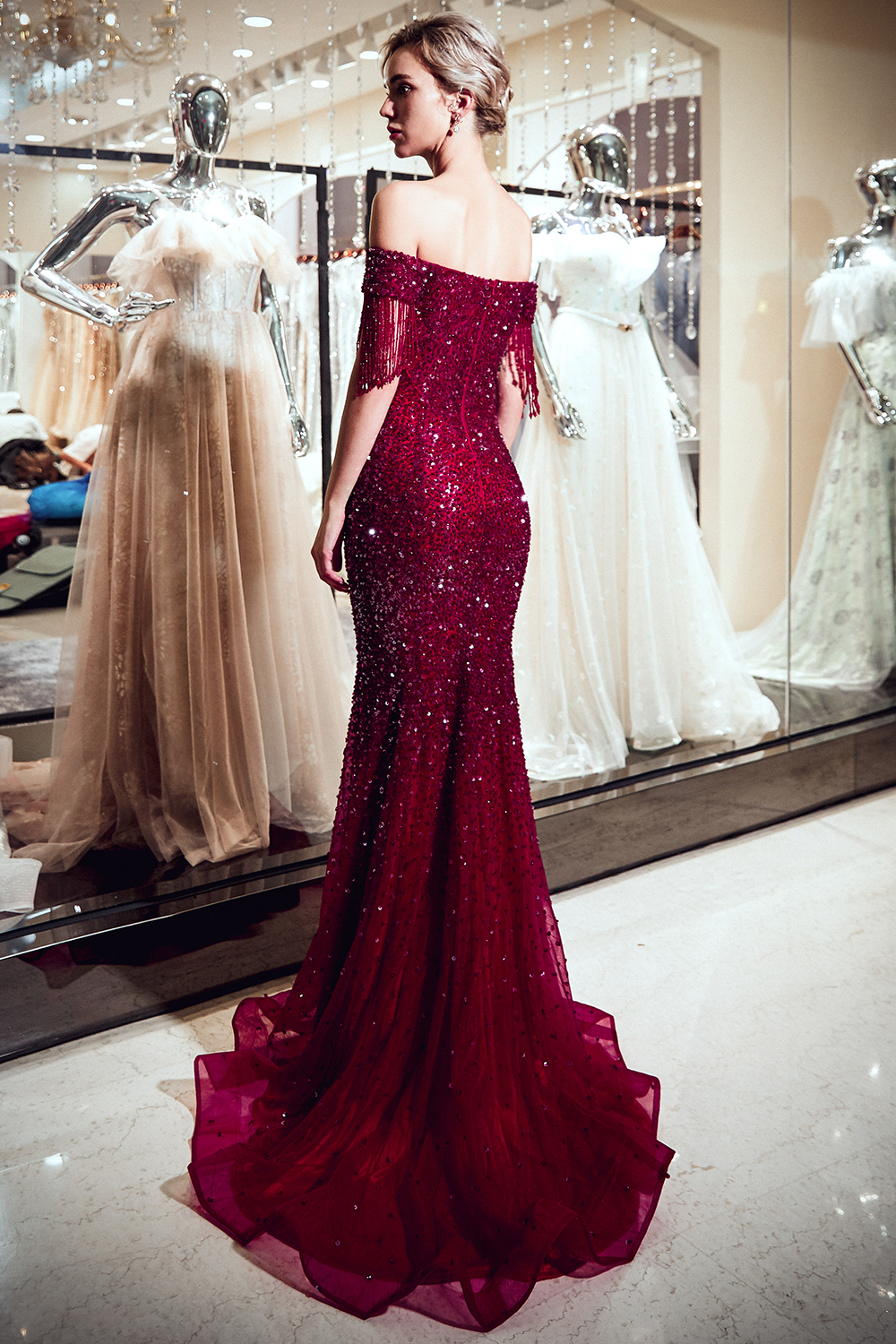 Mermaid Off-the-shoulder Cap Sleeves Court Train Tulle Formal Dress With Sequins 2