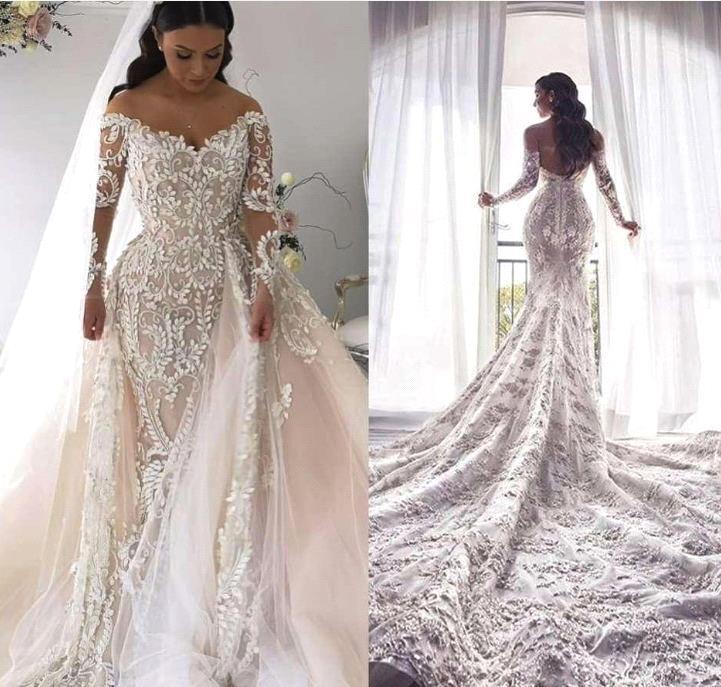 Mermaid Sweetheart Neck Long Sleeves Court Train Lace Bridal Attire With Appliques 2