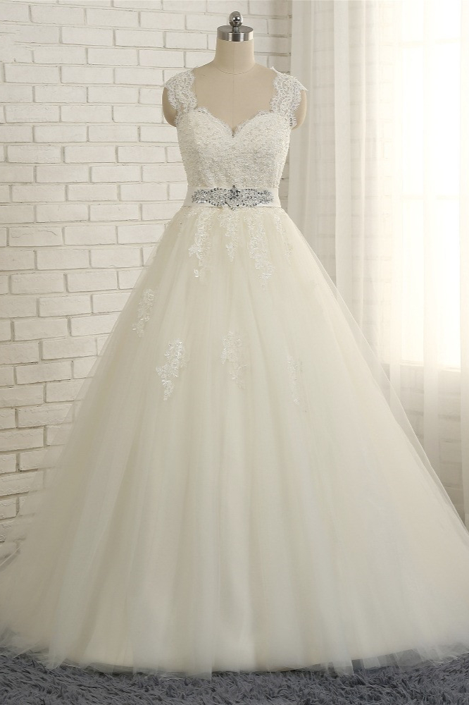 A-line Straps Floor-length Tulle Bridal Dress With Appliques 1