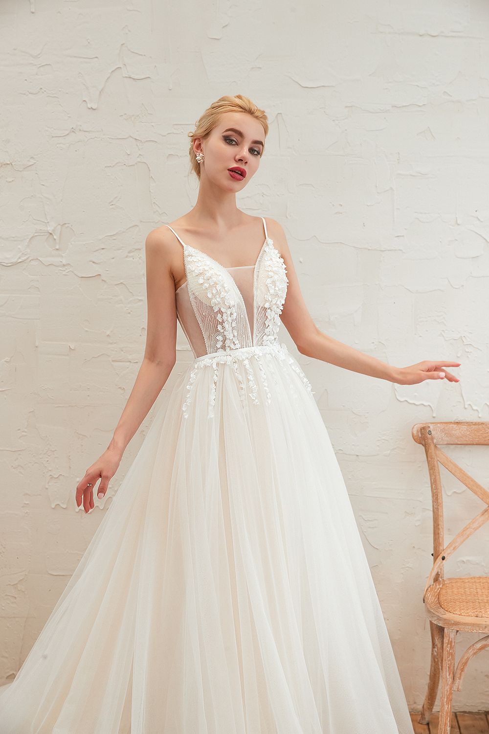 A-line Plunging Neckline Sleeveless Cathedral Train Tulle Wedding Gown With Flower(s) 17