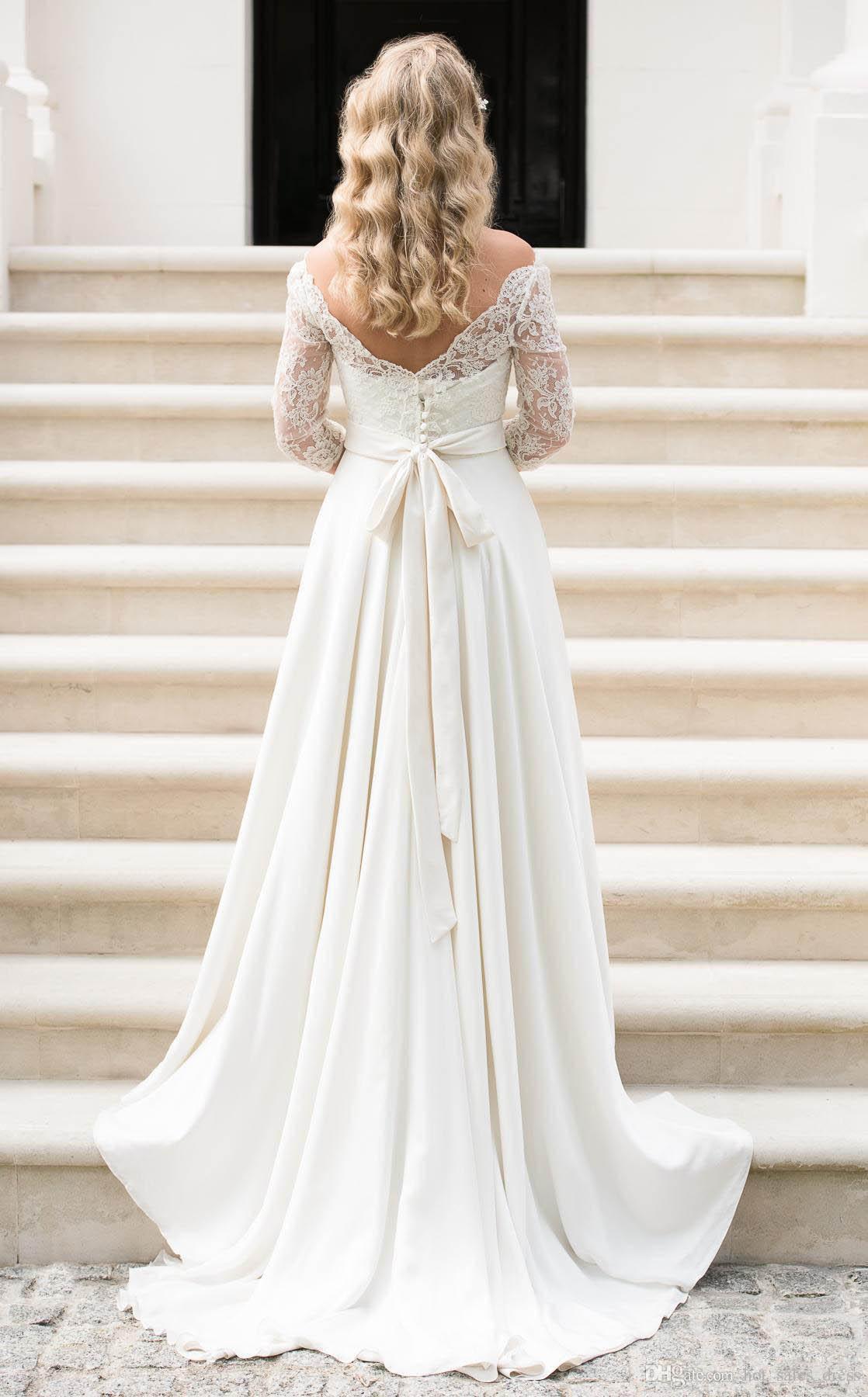 A-line Off-the-shoulder Sweep / Brush Train 100D Chiffon Wedding Gown With Lace 2