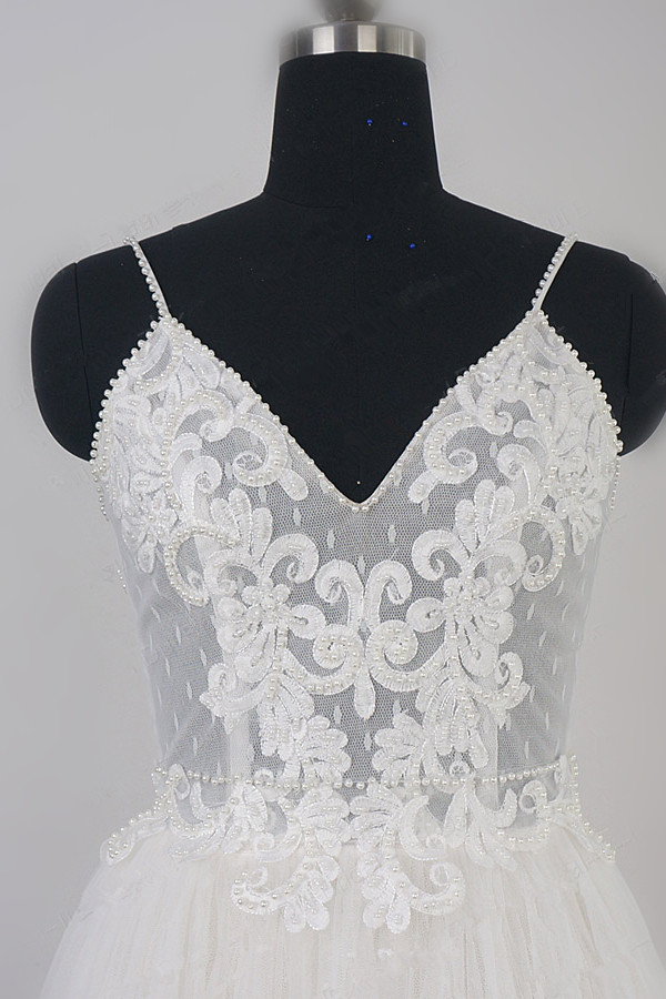 Mermaid Spaghetti Straps V-neck Sleeveless Floor-length Tulle Bridal Dress With Ruffles 4