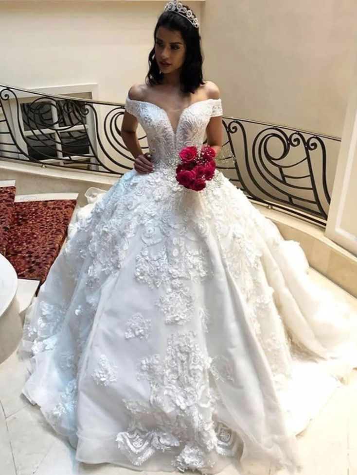 Ball Gown Off-the-shoulder Sleeveless Sweep / Brush Train Wedding Gown With Appliques 3