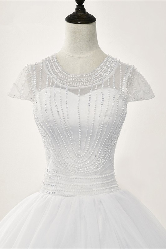 Ball Gown Jewel Neck Short Sleeves Floor-length Tulle Bridal Attire With Lace 5