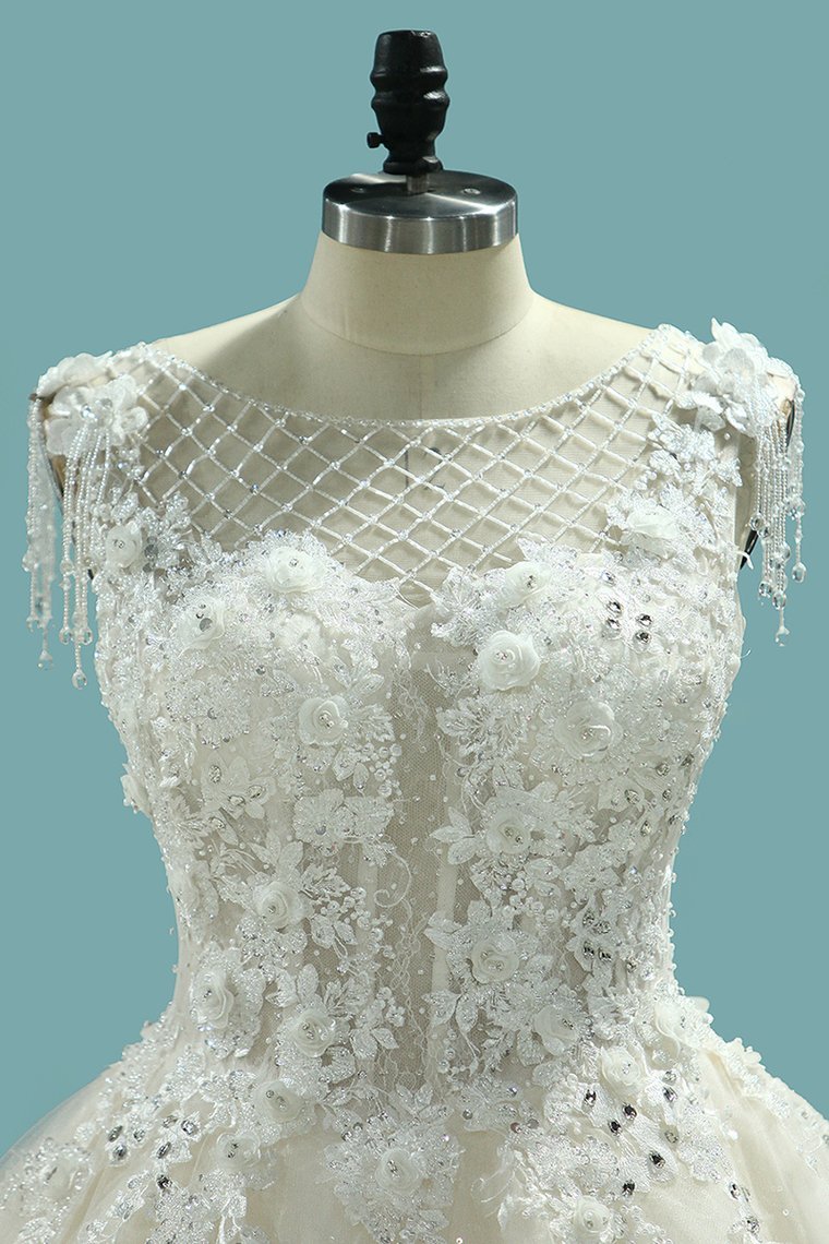 Ball Gown Jewel Neck Sleeveless Floor-length Tulle Wedding Dress With Bow 3