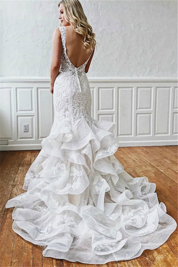 Mermaid V-neck Sleeveless Sweep / Brush Train Wedding Gown With Lace 2