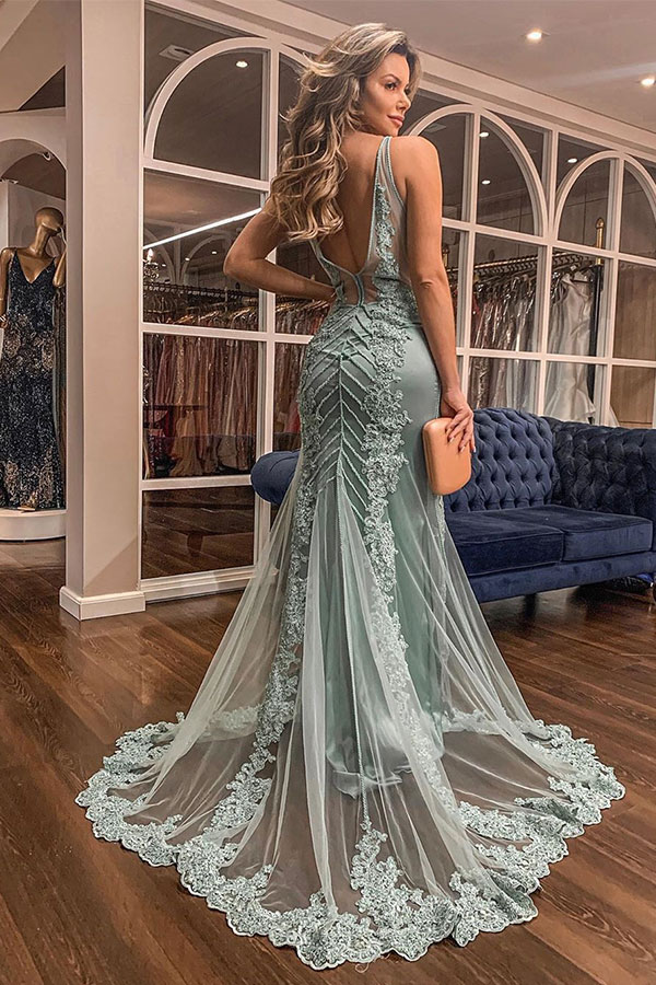 Mermaid V-neck Sleeveless Court Train Tulle Evening Gown With Appliques 2