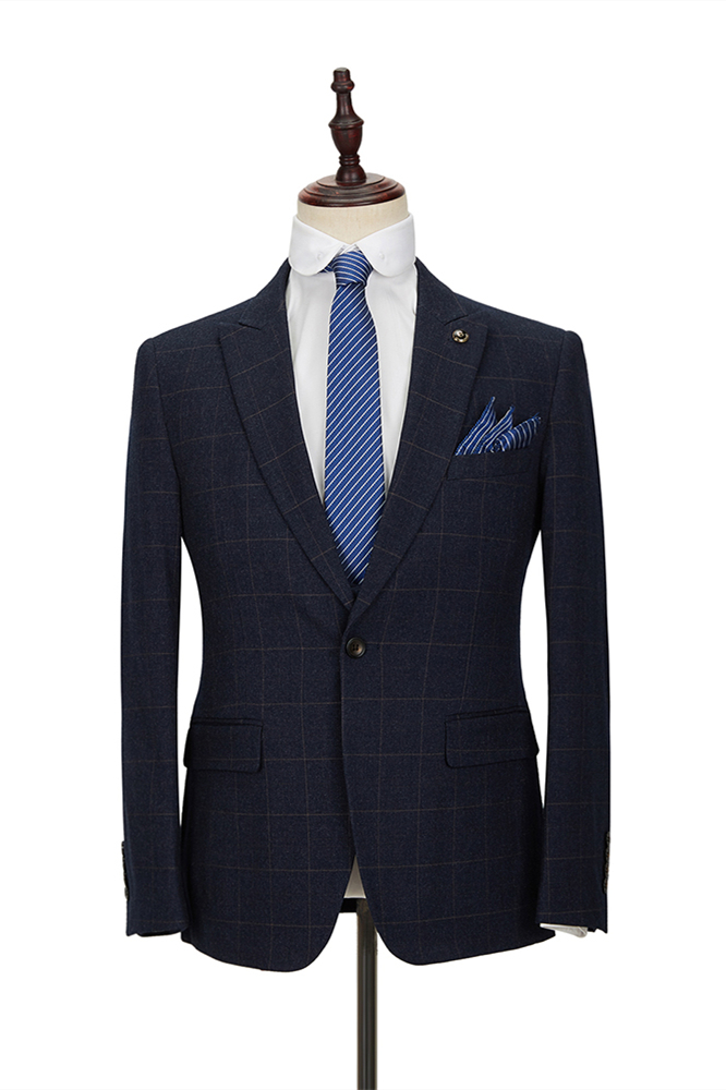 Dark Navy Plaid Single Breasted Men's Suit with Double Breasted Waistcoat 3
