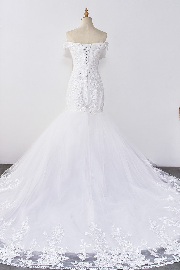 Mermaid Off-the-shoulder Sweetheart Neck Sleeveless Floor-length Tulle Bridal Attire With Beading 2