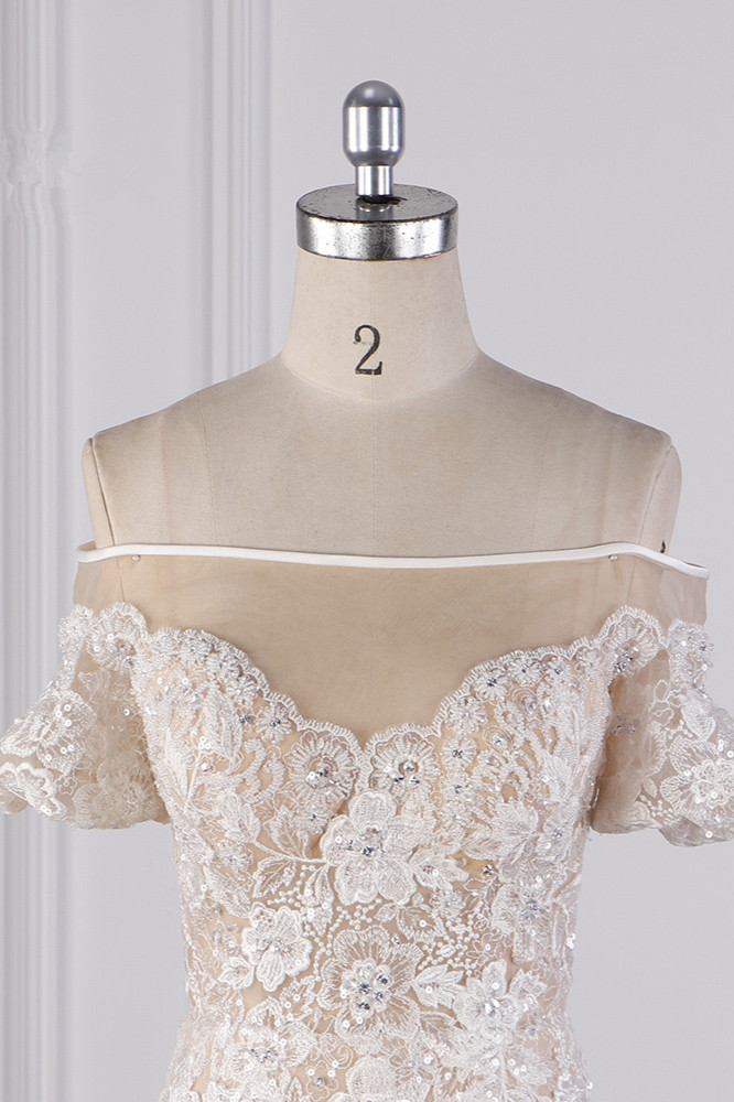 Mermaid Off-the-shoulder Short Sleeves Floor-length Tulle Wedding Dress With Appliques 4