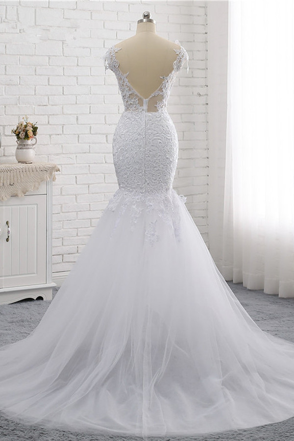 Mermaid Jewel Neck Sleeveless Floor-length Tulle Wedding Gown With Appliques 6