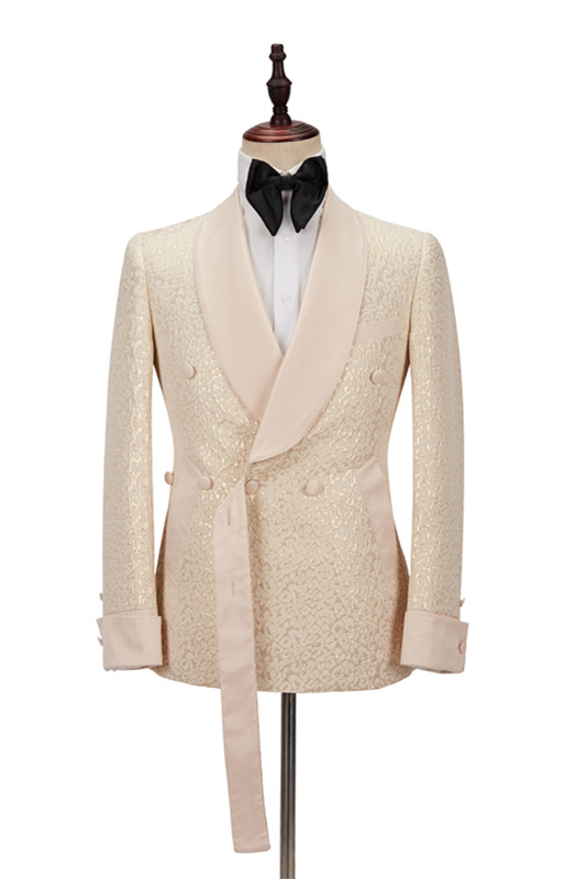 Champagne Shawl Lapel Slim Jacquard Wedding Suit 1