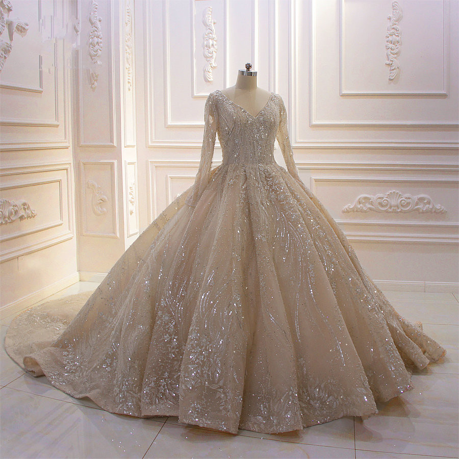 Ball Gown V-neck Long Sleeves Floor-length Satin Bridal Dress With Beading 6