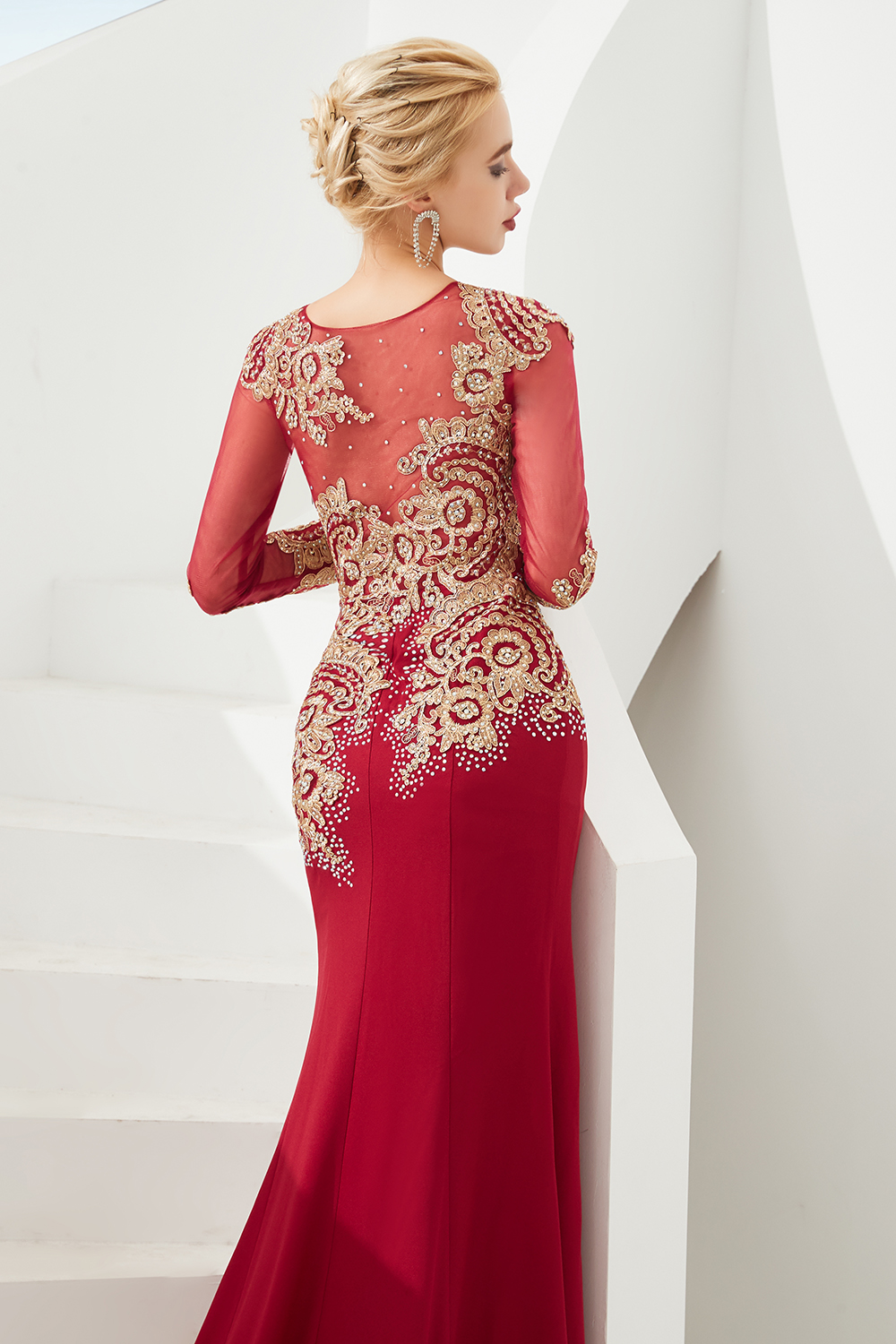 Mermaid Jewel Neck Long Sleeves Chapel Train Lace Evening Dress With Pineapple flower 12