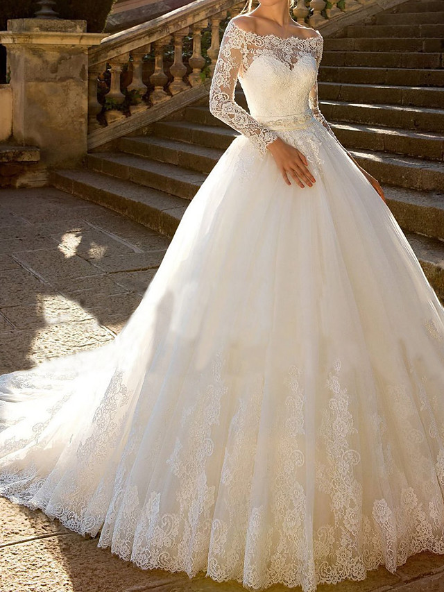 Ball Gown Long Sleeves Chapel Train Tulle Bridal Gown With Ribbons 4