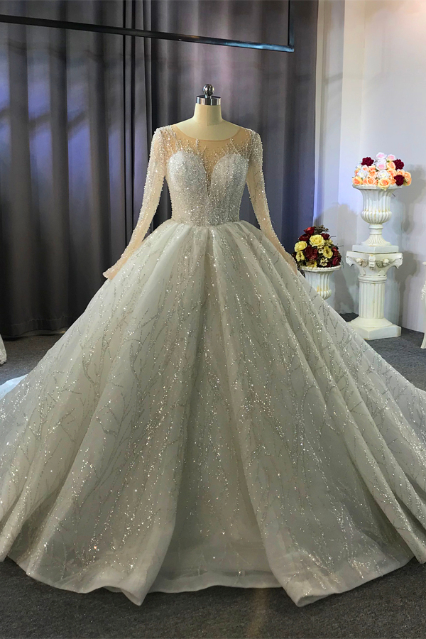 Ball Gown Jewel Neck Long Sleeves Floor-length Tulle Bridal Dress With Beading 8