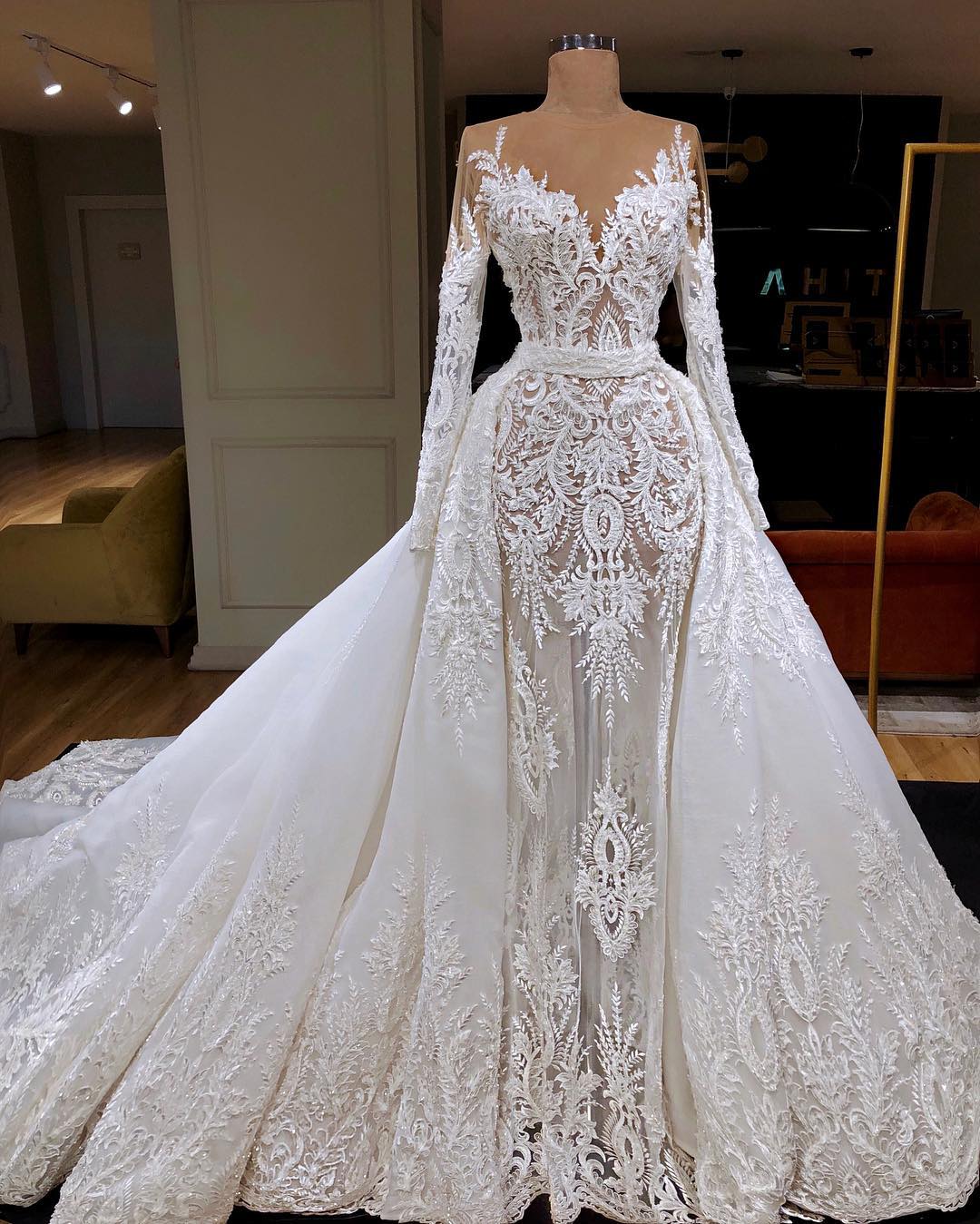 A-line Jewel Neck Cathedral Train Tulle Wedding Dress With Lace 2