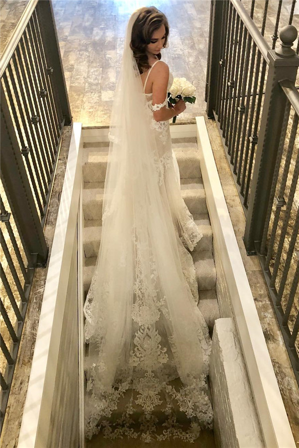Mermaid Spaghetti Straps Sleeveless Sweep / Brush Train Wedding Gown With Appliques 2