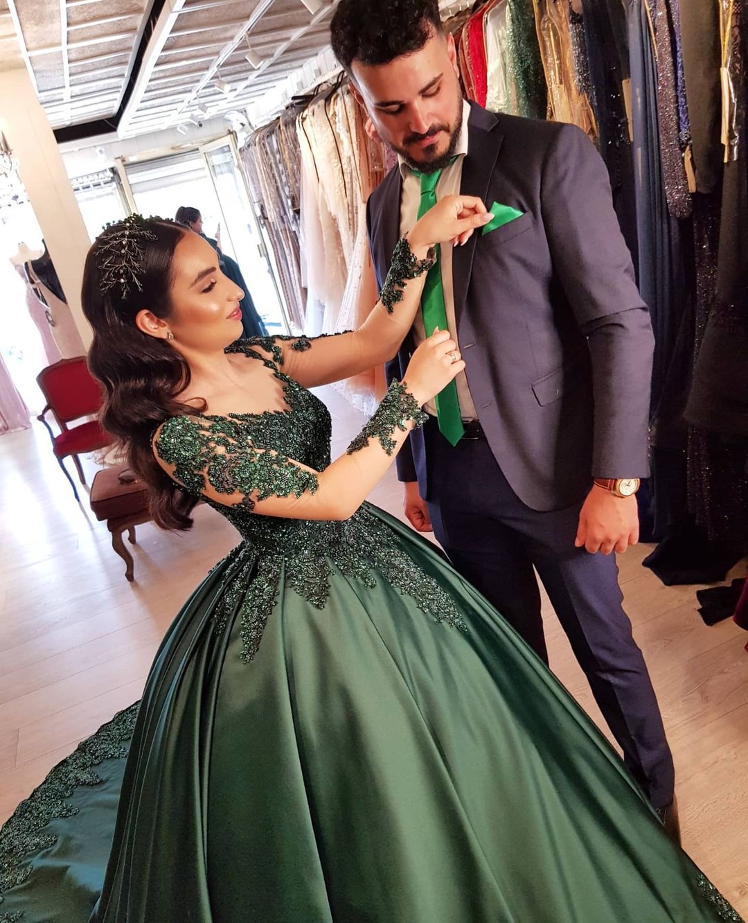 Ball Gown Jewel Neck Long Sleeves Floor-length Satin Wedding Dress With Lace 3