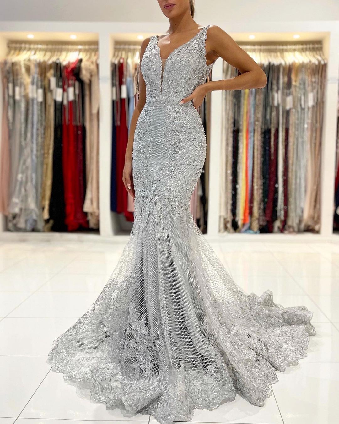 Mermaid Straps Sleeveless Floor-length Lace Evening Dress With Crystal 3