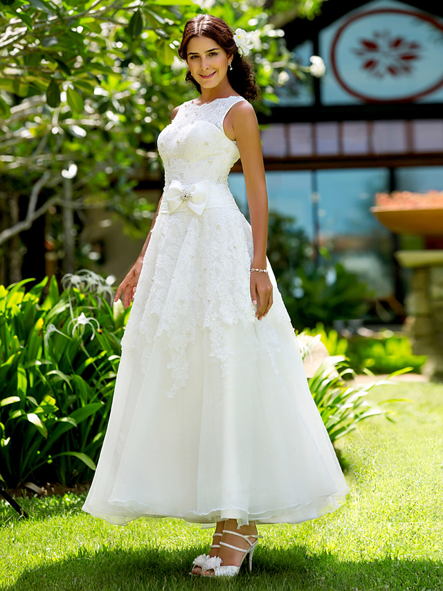 A-line Straps Bateau Neck Tea-length Tulle Wedding Dress With Lace 3