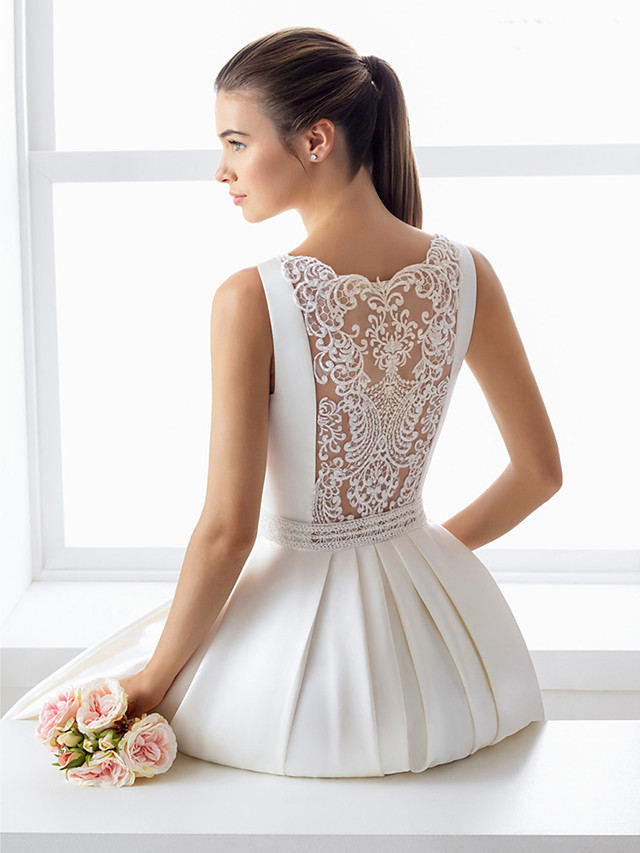 Ball Gown Straps Bateau Neck Sleeveless Court Train Satin Bridal Dress With Lace 4