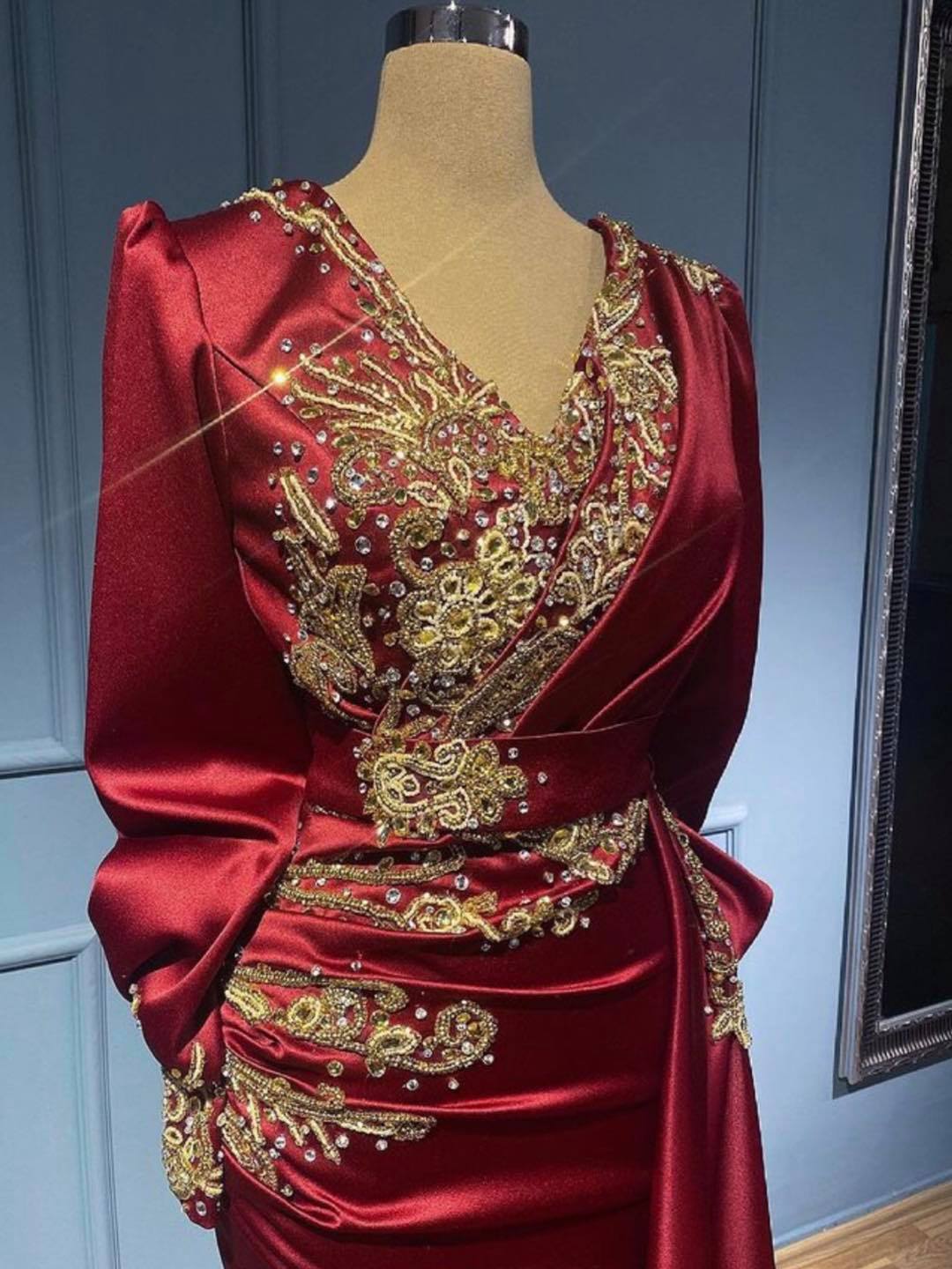 Mermaid V-neck Long Sleeves Floor-length Stretch Satin Evening Dress With Crystal 3