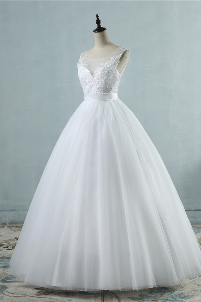 A-line Straps Jewel Neck Sleeveless Floor-length Tulle Bridal Dress With Appliques 3
