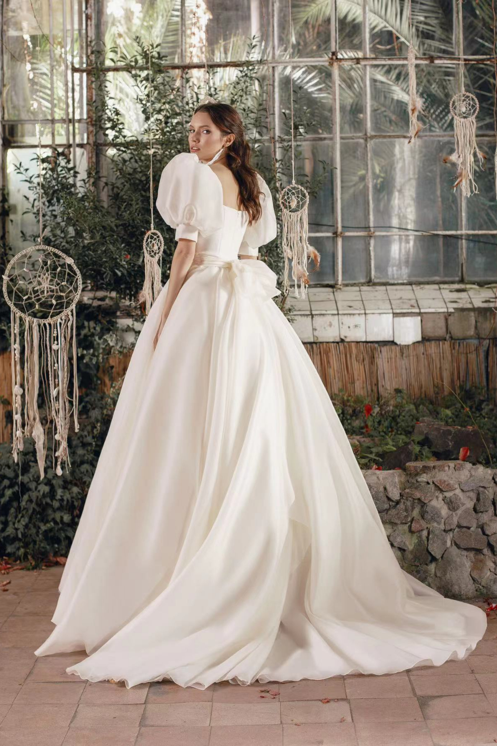 A-line Bateau Neck Short Sleeves Cathedral Train Satin Chiffon Wedding Dress With Bow 2