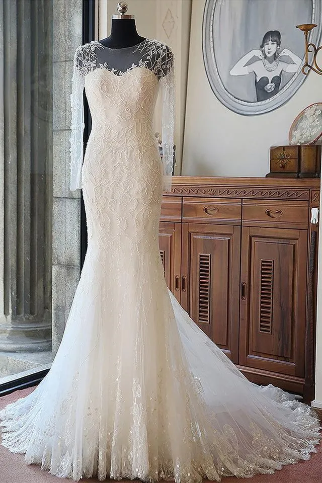 Mermaid Jewel Neck Long Sleeves Floor-length Tulle Bridal Dress With Lace 1