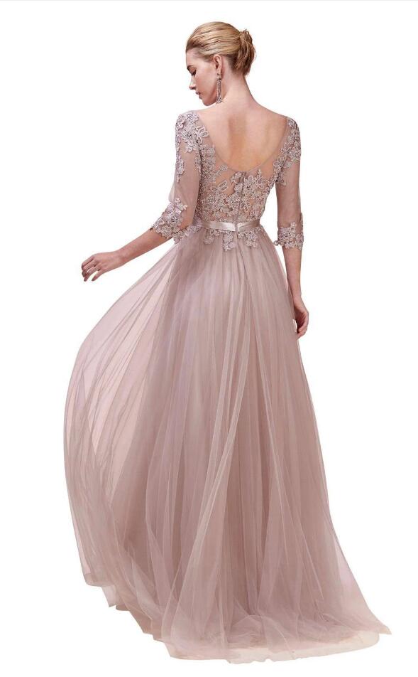 Column V-neck Long Sleeves Floor-length Tulle Evening Dress With Ribbons 3