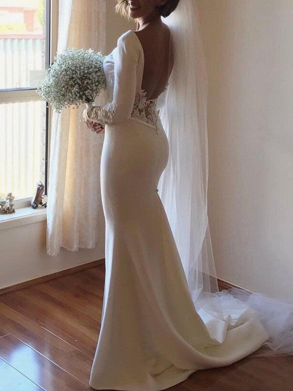 Mermaid Scoop Neck Long Sleeves Satin Bridal Gown With Court Train 2