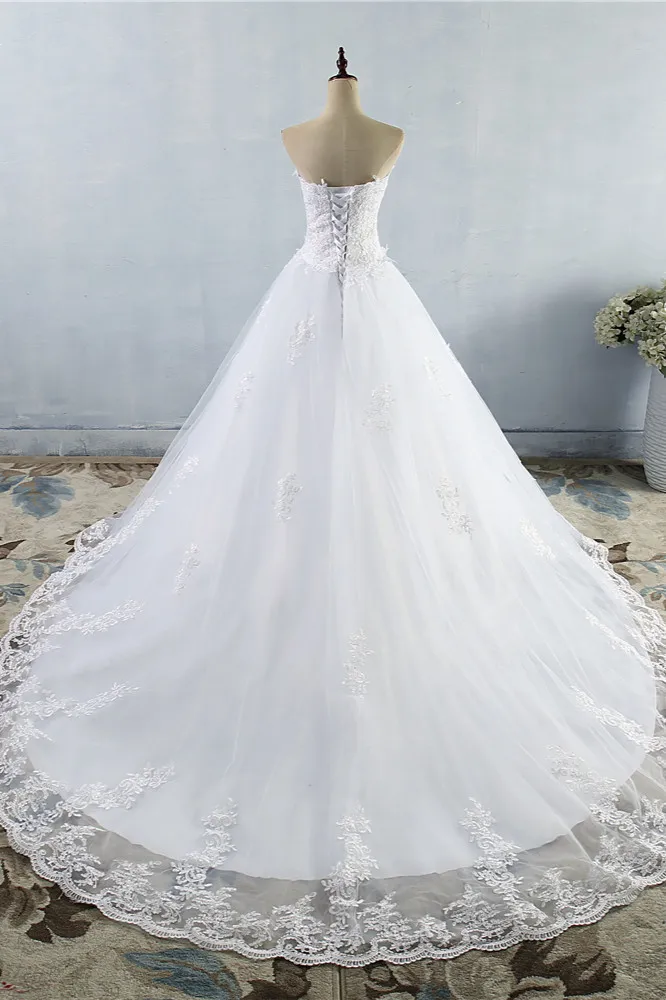 A-line Sweetheart Neck Sleeveless Floor-length Tulle Bridal Dress With Appliques 2