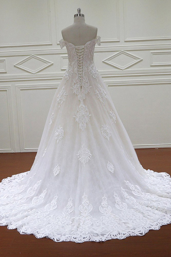 A-line Off-the-shoulder Sweetheart Neck Sleeveless Floor-length Tulle Wedding Dress With Lace 2