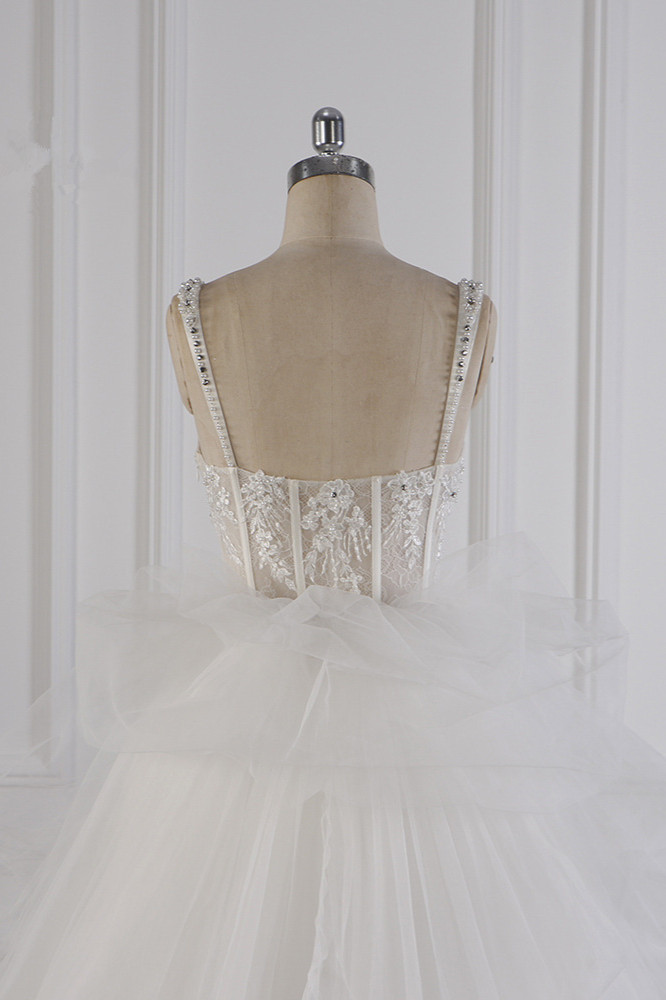 A-line Straps Sweetheart Neck Sleeveless Floor-length Tulle Wedding Dress With Appliques 6