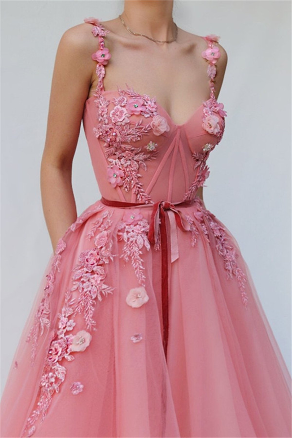 A-line Spaghetti Straps Sleeveless Sweep / Brush Train Formal Wear With Flower(s) 2