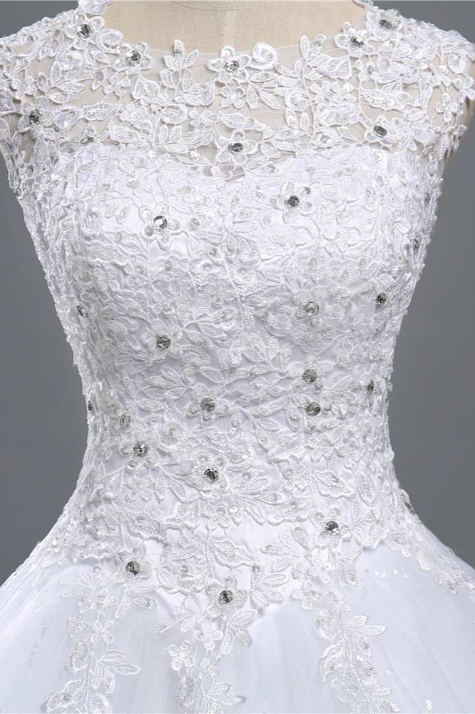 A-line Jewel Neck Sleeveless Floor-length Tulle Wedding Dress With Appliques 5