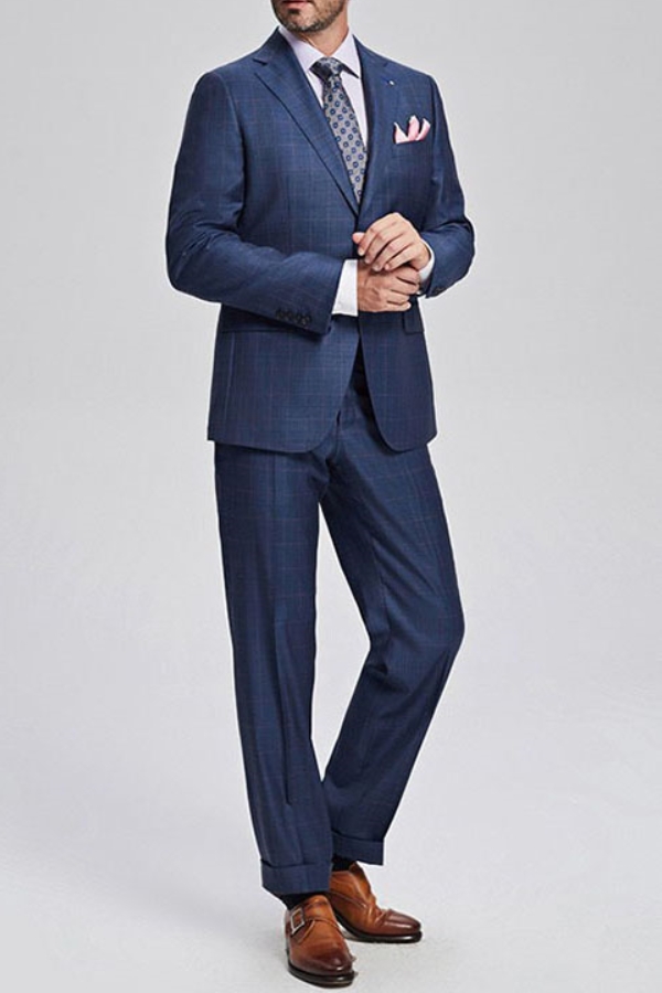 Blue Plaid Single Breasted Wool Blend Men's Business Suit with Three Flap Pockets 2