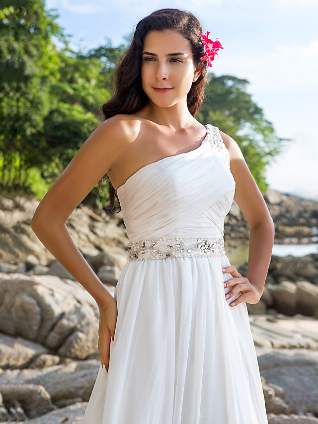 A-line Straps One Shoulder Court Train 100D Chiffon Bridal Gown With Buttons 3