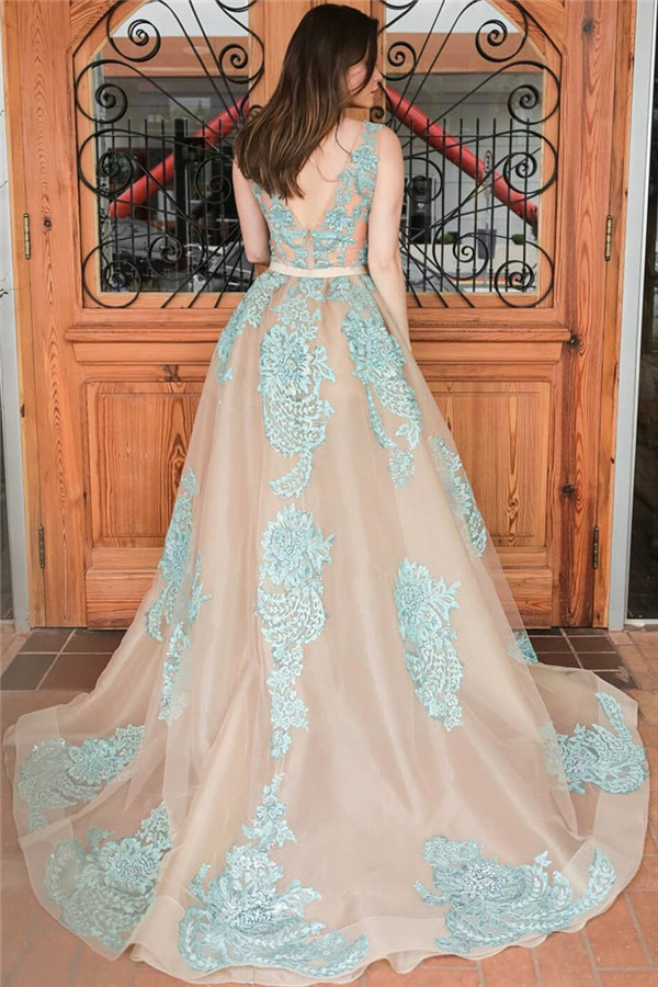 A-line Straps Sleeveless Court Train Tulle Evening Dress With Lace 2