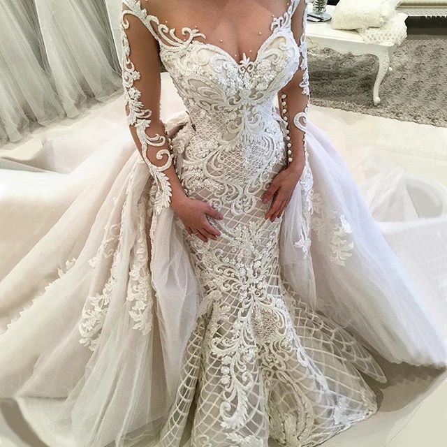 Lace Mermaid Wedding Dress with Long Sleeves and Detachable Skirt 3