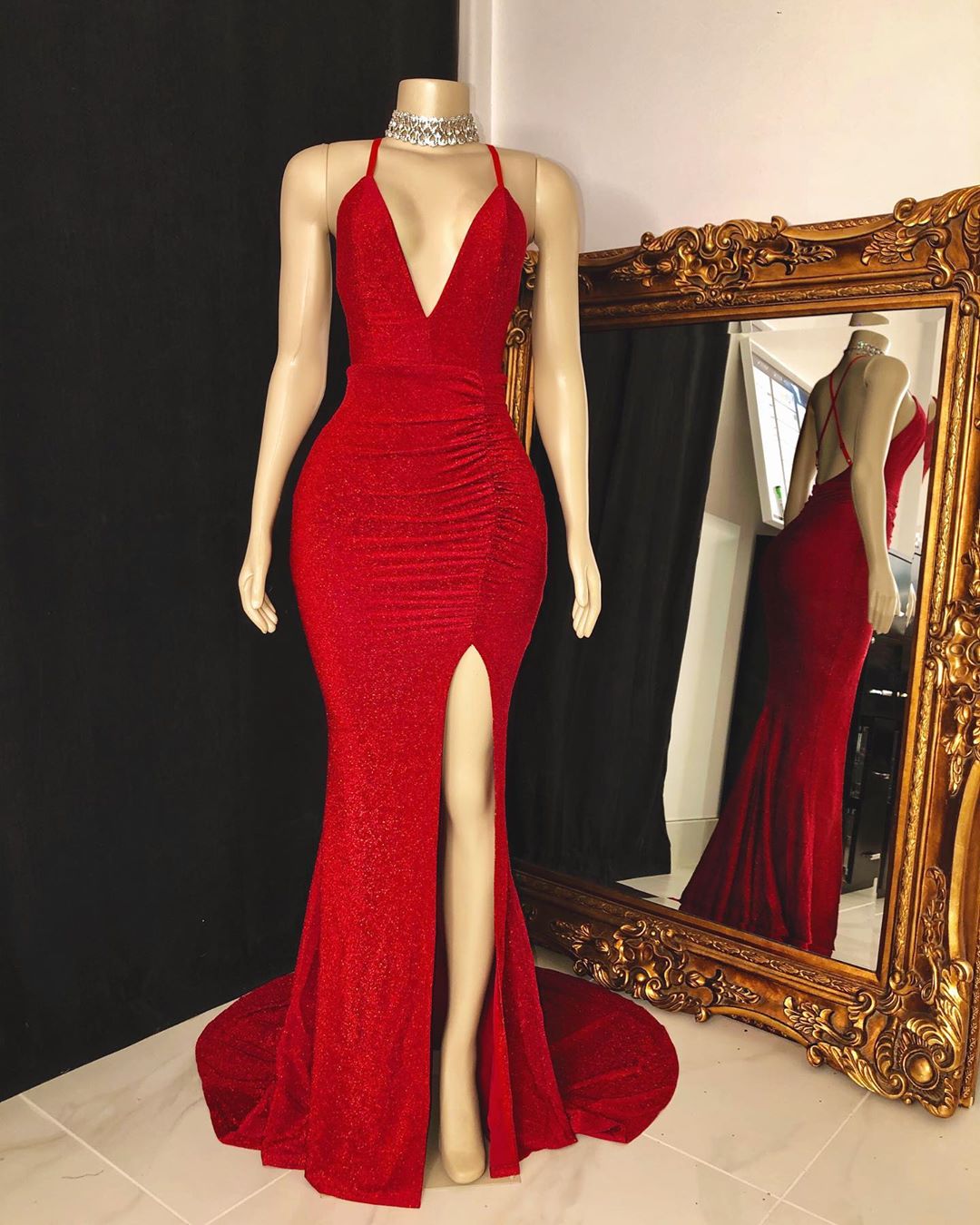 Spaghetti Straps V-neck Floor-length Satin Evening Dress With Split Front 2