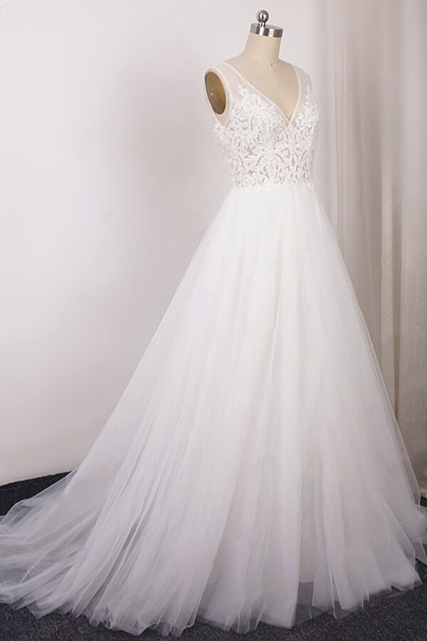A-line V-neck Sleeveless Floor-length Tulle Bridal Attire With Appliques 3