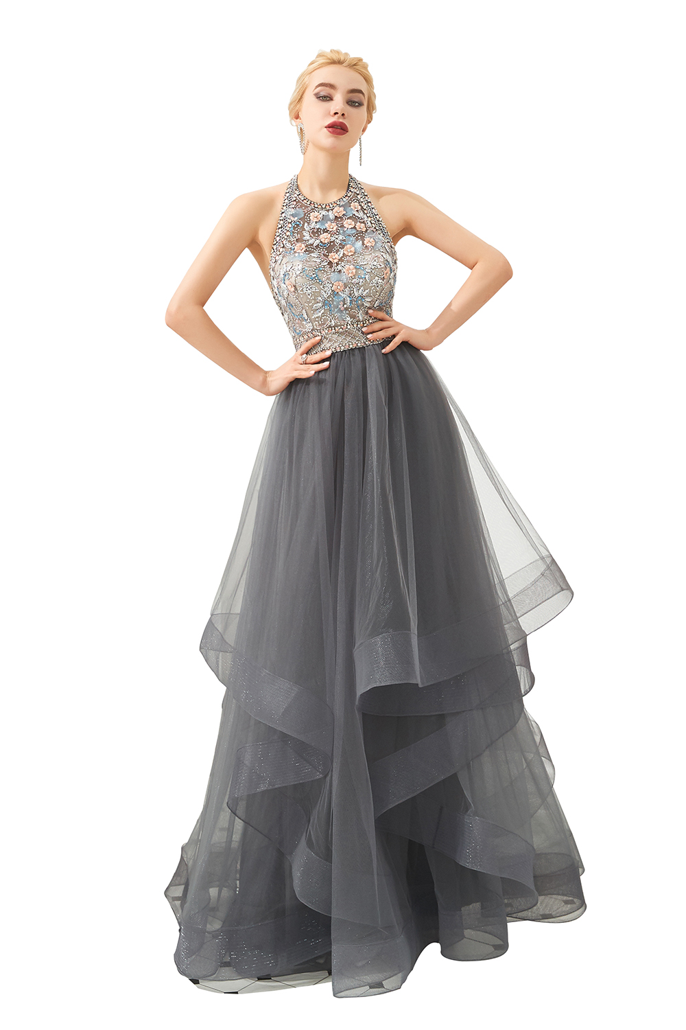 Ball Gown Halter-neck Sleeveless Sweep / Brush Train Tulle Bridal Attire With Crystal 7